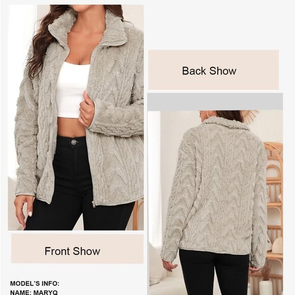 Women's Fleece Jacket Khaki Large Cozy Warm Zip Up Stand Collar Pockets - Picture 3 of 7